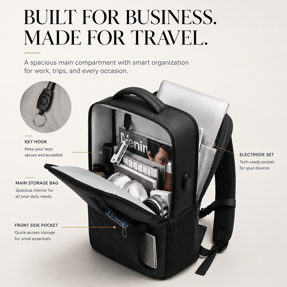 An open black business backpack holds a laptop, magazine, headphones and accessories. Callouts identify the key hook, device pocket, main compartment and front pocket.