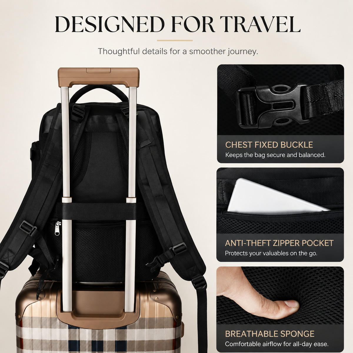 A black backpack slides over an extended suitcase handle. Insets show its chest buckle, concealed zipper pocket and textured back padding.