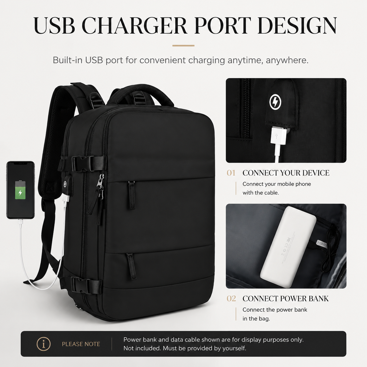 A black backpack connects to a phone through its side USB port. Insets show the external cable and an internal power bank; text states these accessories are not included.