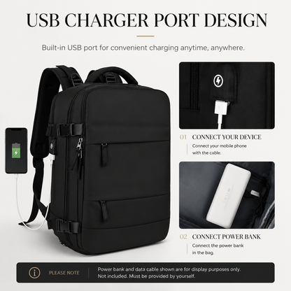 A black backpack connects to a phone through its side USB port. Insets show the external cable and an internal power bank; text states these accessories are not included.