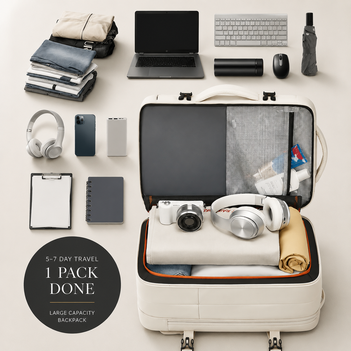A cream backpack opens beside neatly arranged clothing, laptop, keyboard, bottle, umbrella, headphones, phone, stationery and camera gear. Text advertises packing for five to seven days.