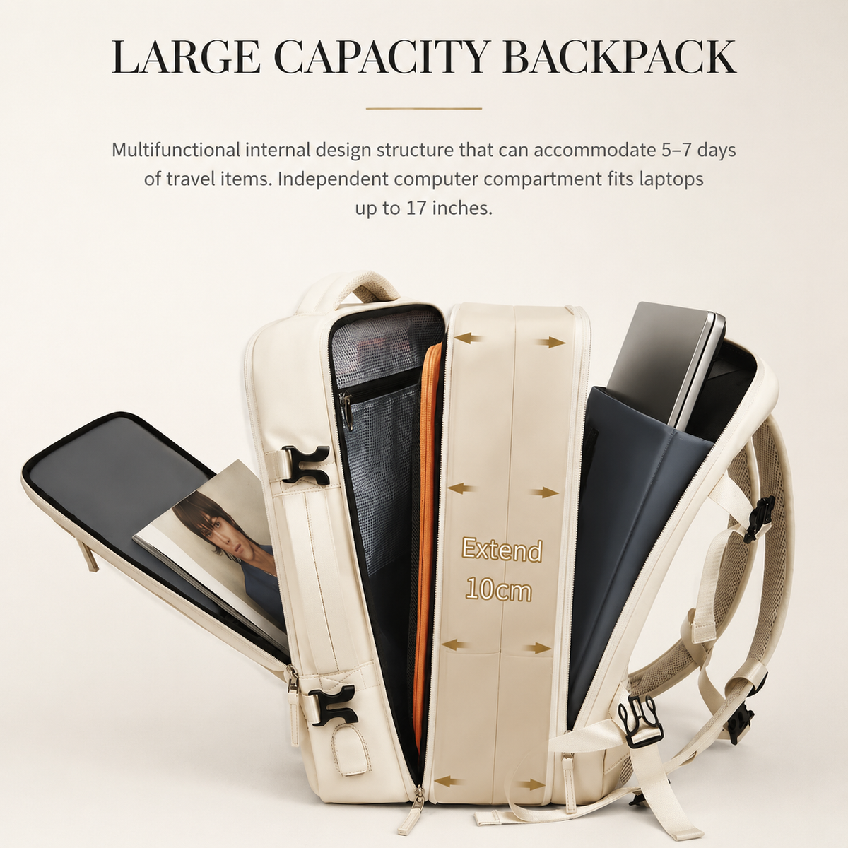A cream backpack's compartments open to show a tablet and laptop. Arrows illustrate a ten-centimeter expansion section beneath a large-capacity heading.