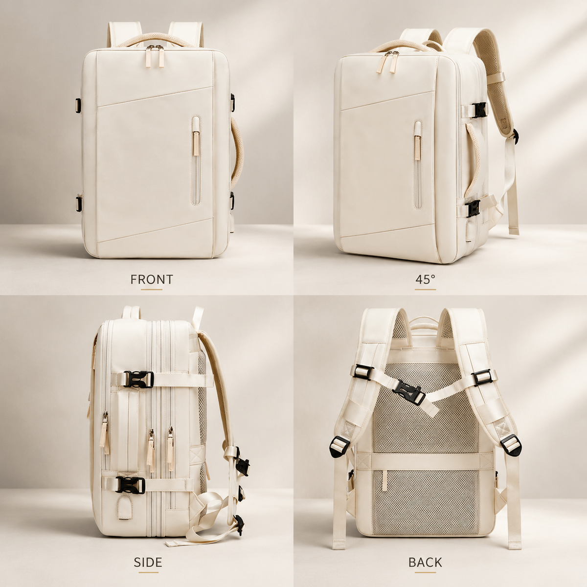 Four views show a cream backpack from the front, angled front, side and padded rear, with compression straps and chest buckle visible.