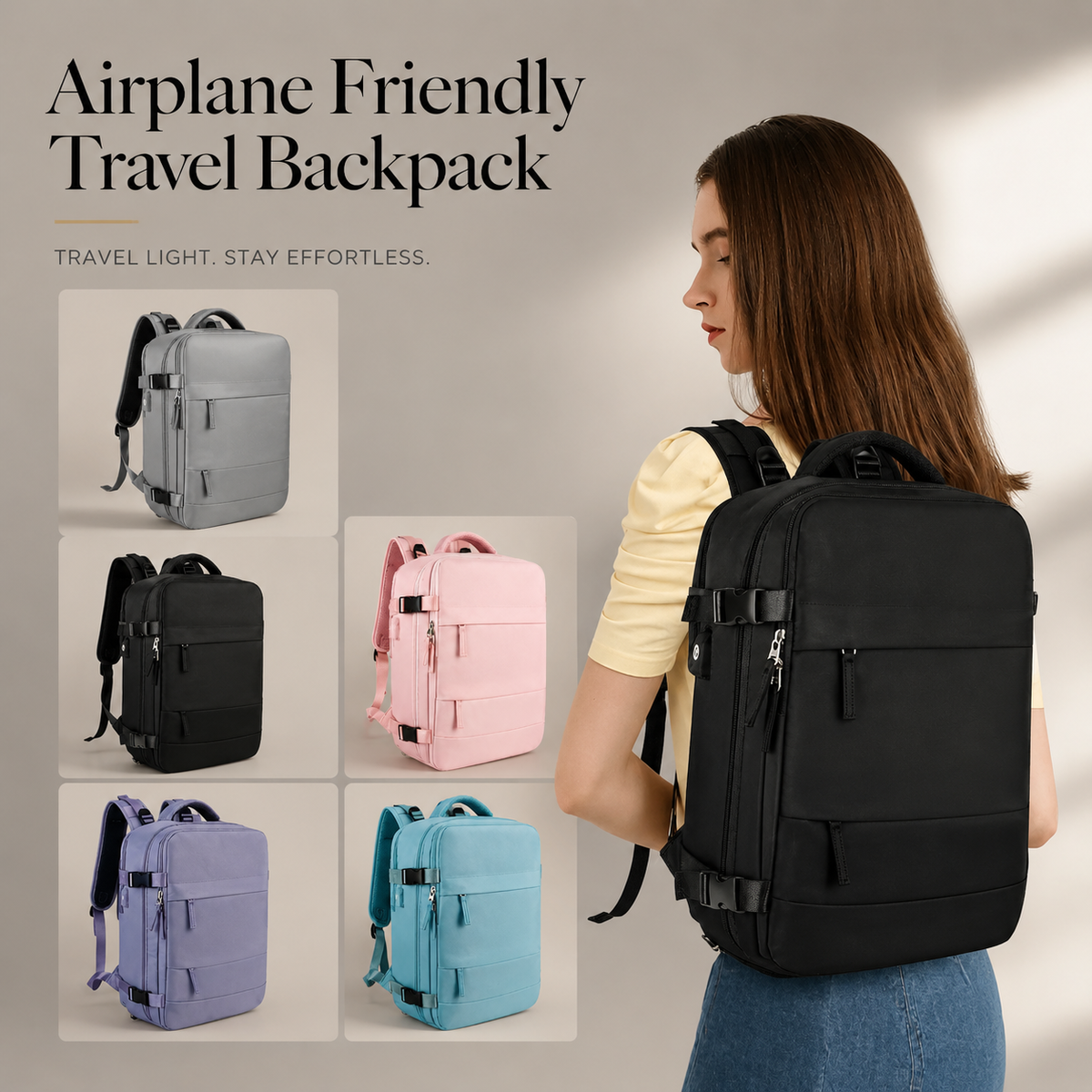 A woman wears a black travel backpack beside gray, pink, lavender and turquoise options. Text promotes airplane-friendly travel.