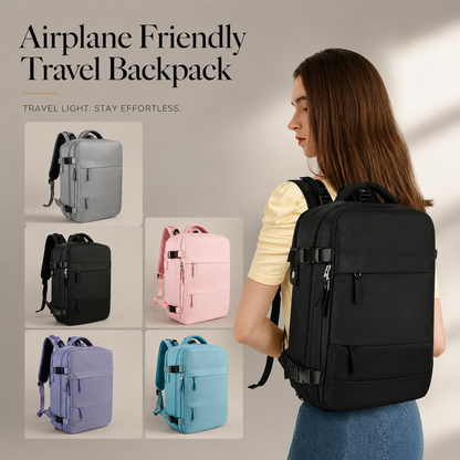 A woman wears a black travel backpack beside gray, pink, lavender and turquoise options. Text promotes airplane-friendly travel.