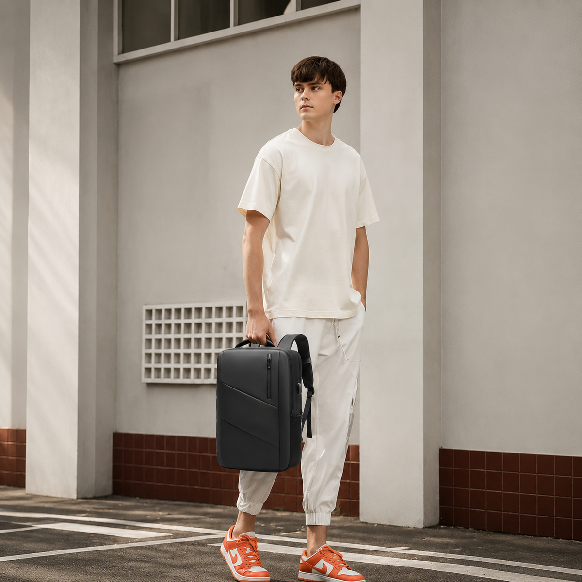 A man in a loose white T-shirt, pale trousers and orange sneakers stands outside a building, carrying a black rectangular travel bag by its top handle. The bag hangs beside his leg, showing its slim shape and rounded corners.