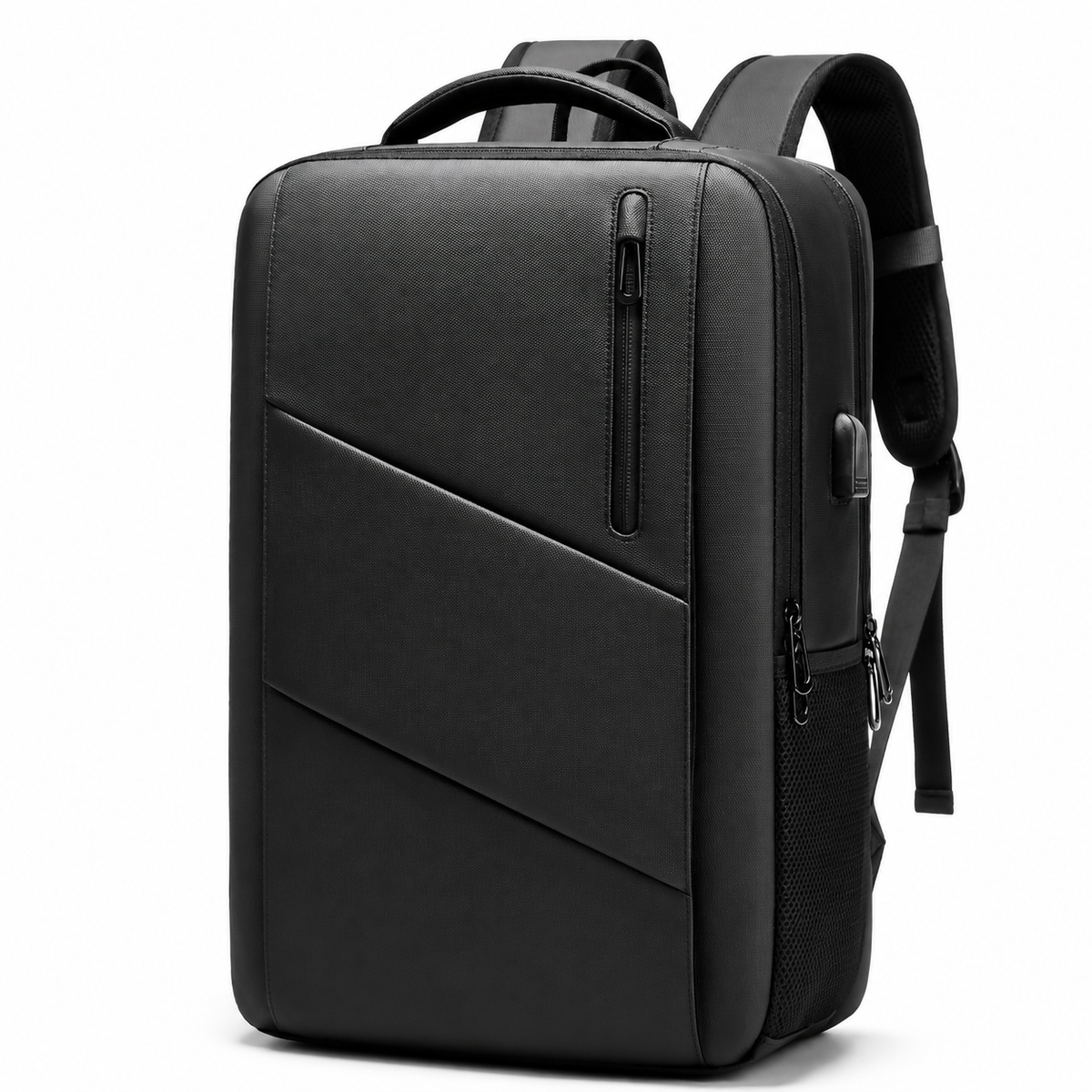 A smooth black rectangular backpack has diagonal front seams, a narrow vertical zipper pocket, top handle and padded shoulder straps.