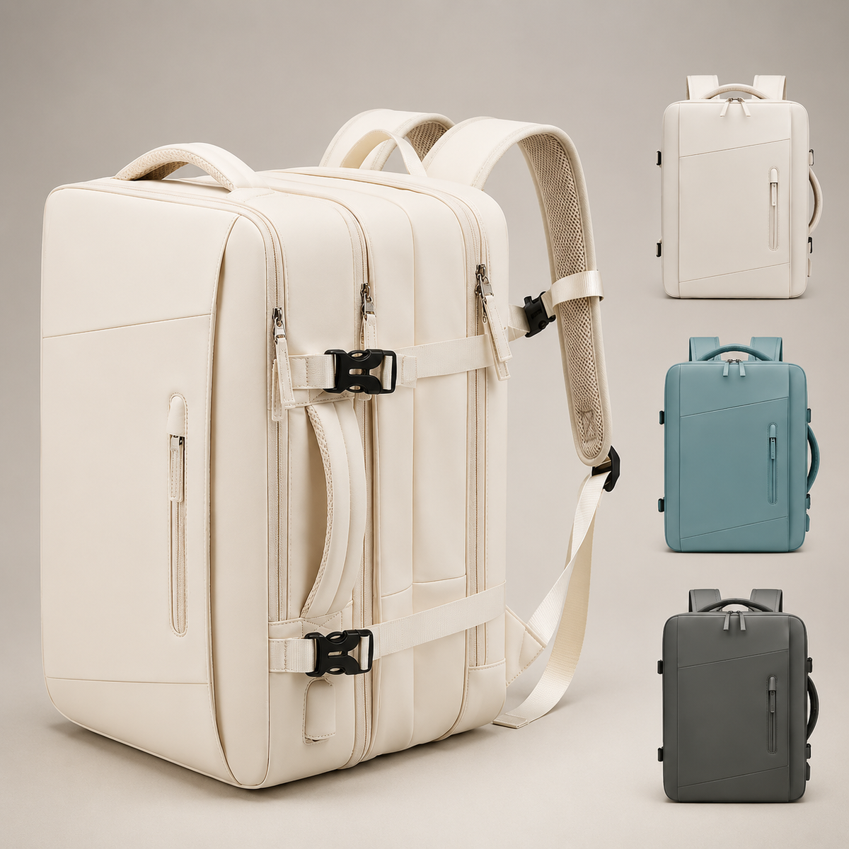 A cream rectangular backpack stands at an angle with padded straps and compression buckles. Smaller cream, blue and gray-green front views appear beside it.