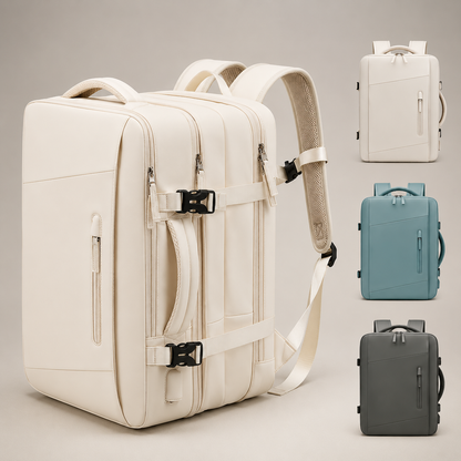 A cream rectangular backpack stands at an angle with padded straps and compression buckles. Smaller cream, blue and gray-green front views appear beside it.