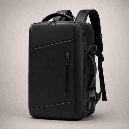 A smooth black backpack stands at an angle, showing a narrow vertical front zipper, diagonal seams, side compression buckles and padded straps.