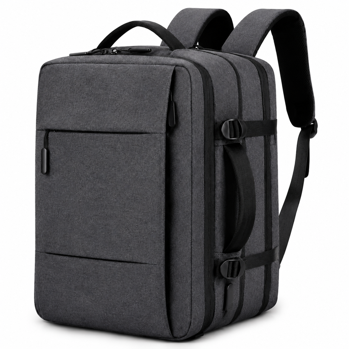 A charcoal gray rectangular backpack stands at an angle with a front zipper pocket, top handle, padded straps, side handle and compression buckles.
