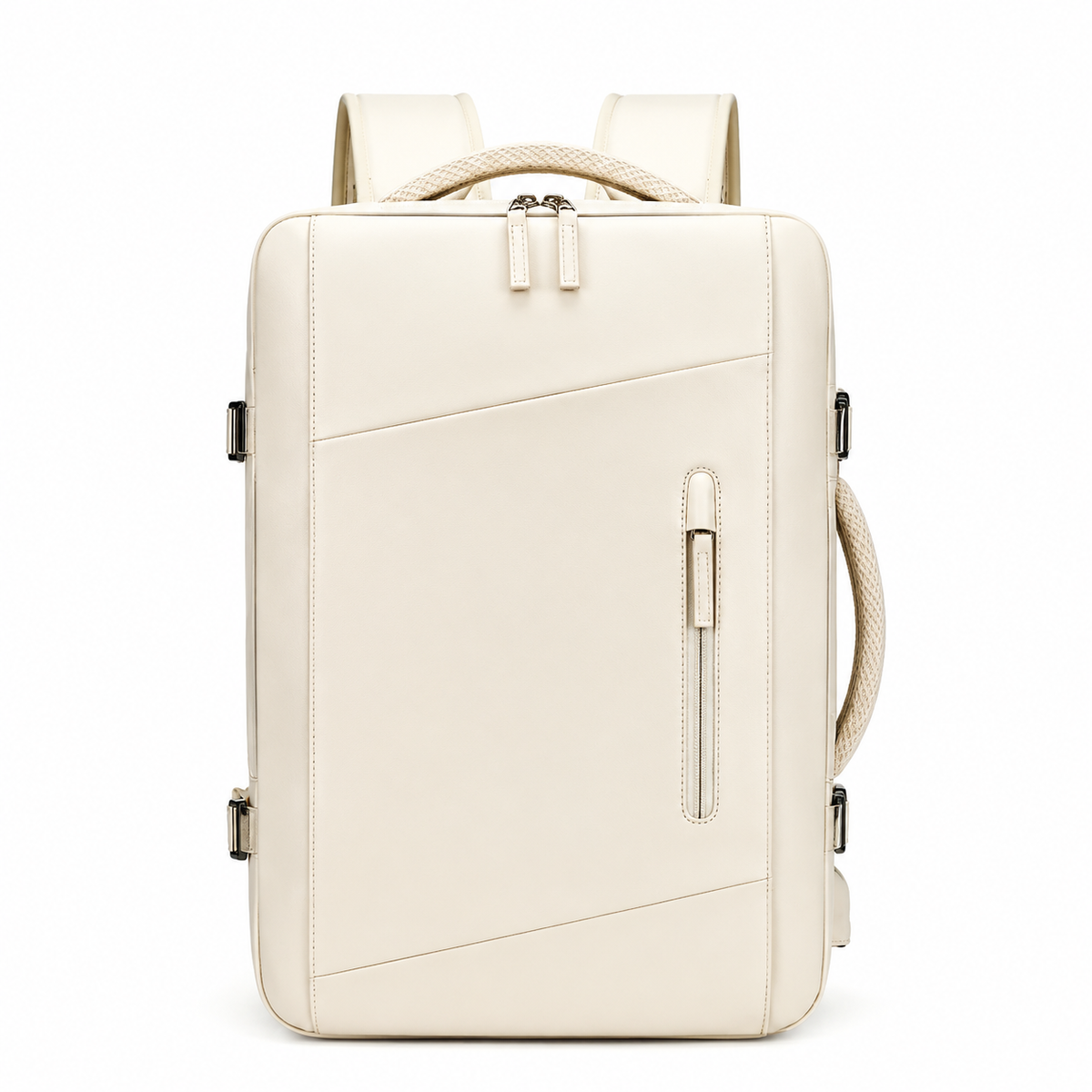 A cream rectangular backpack faces forward, showing diagonal front seams, a narrow vertical zip pocket, double main zipper, woven top and side handles and padded shoulder straps.