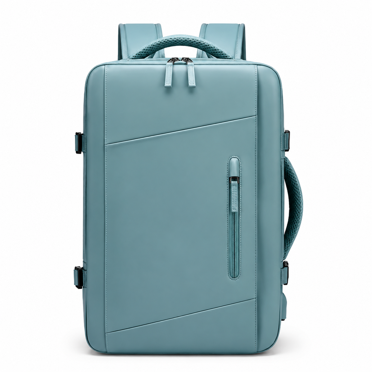 A muted blue rectangular backpack faces forward, showing diagonal front seams, a narrow vertical zip pocket, double main zipper, woven top and side handles and padded shoulder straps.