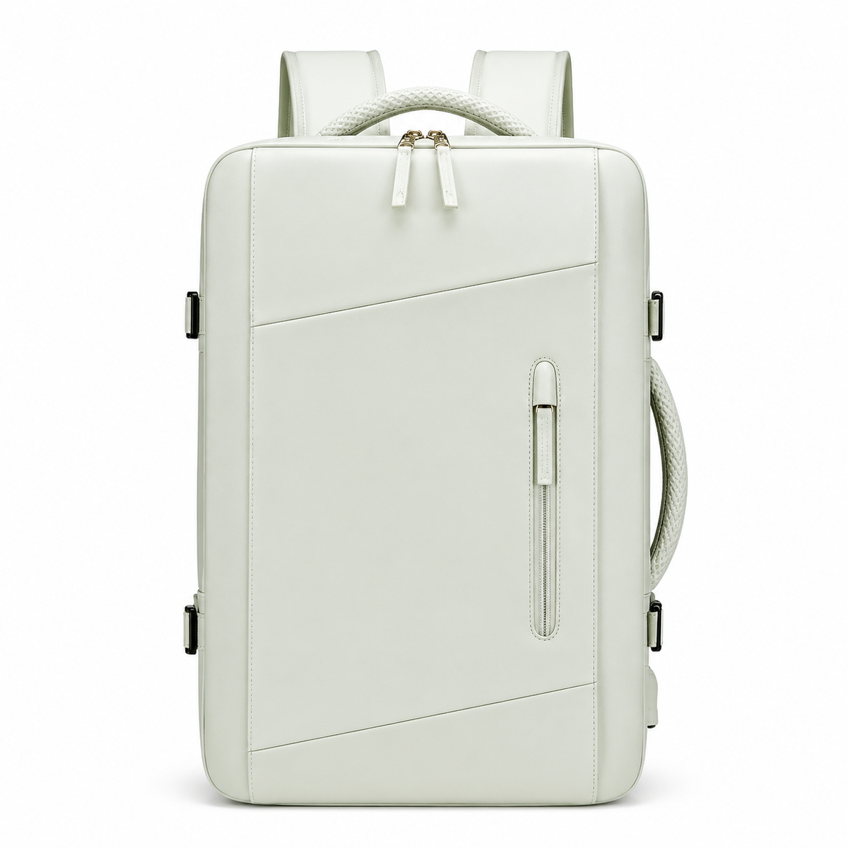 A pale green rectangular backpack faces forward, showing diagonal front seams, a narrow vertical zip pocket, double main zipper, woven top and side handles and padded shoulder straps.