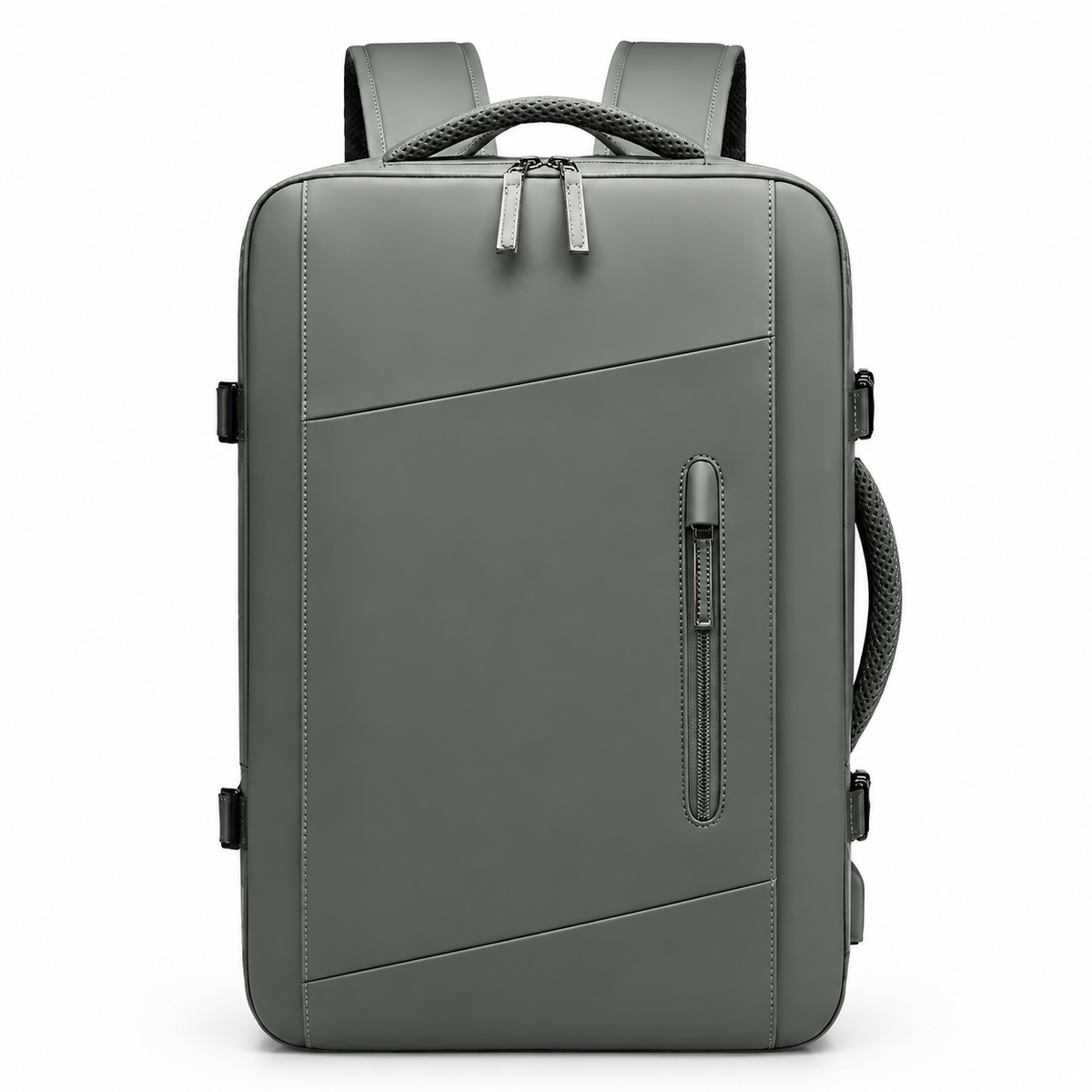 A gray-green rectangular backpack faces forward, showing diagonal front seams, a narrow vertical zip pocket, double main zipper, woven top and side handles and padded shoulder straps.