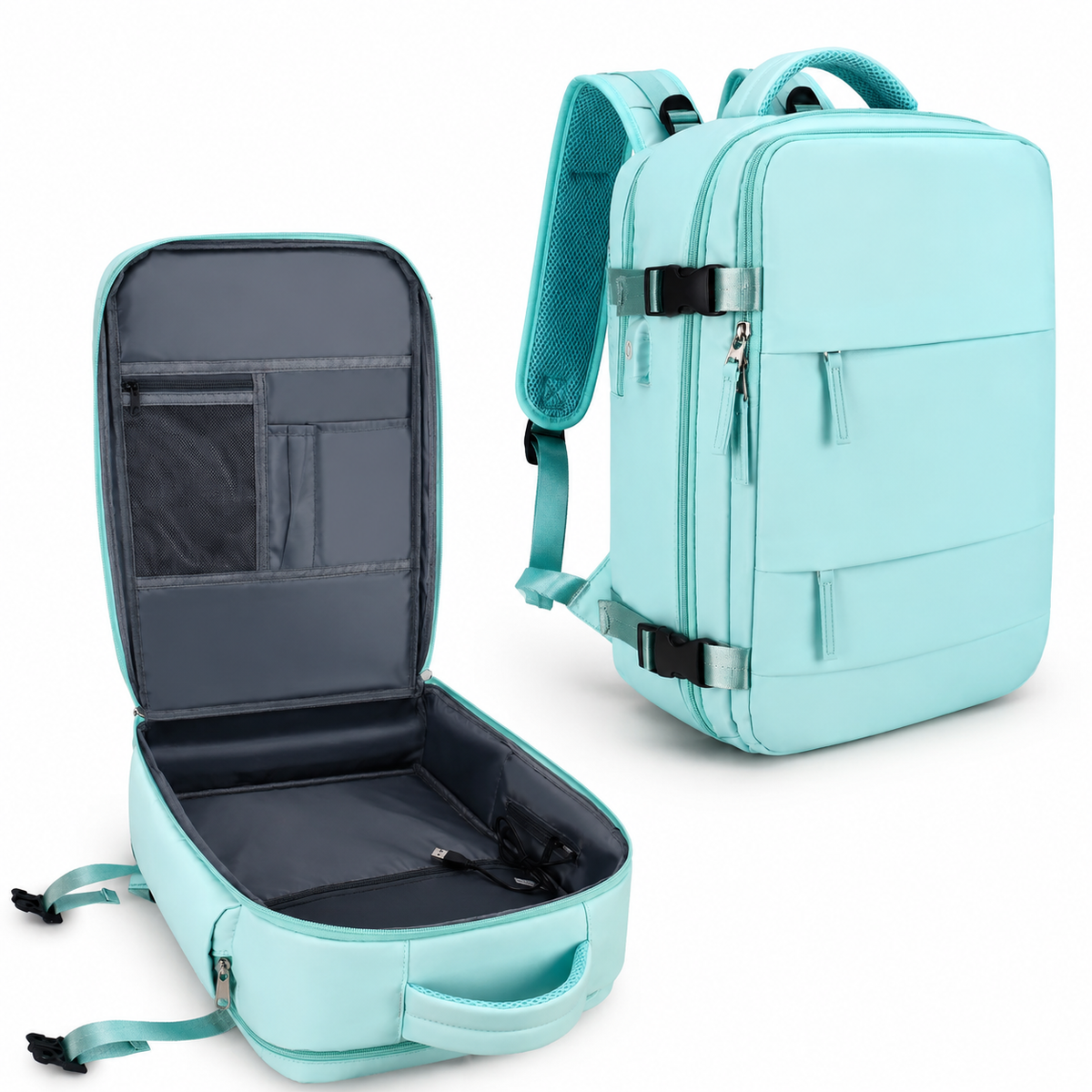 Two views show a turquoise travel backpack upright and opened flat like a suitcase. The interior has gray lining, organizer pockets and a broad packing compartment.