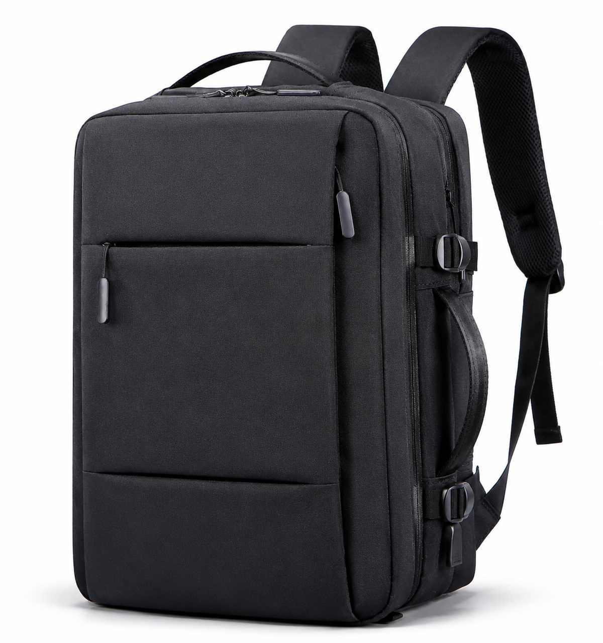 A black rectangular backpack stands at an angle with padded straps, top handle, front zipper pocket, side carry handle and two compression buckles.