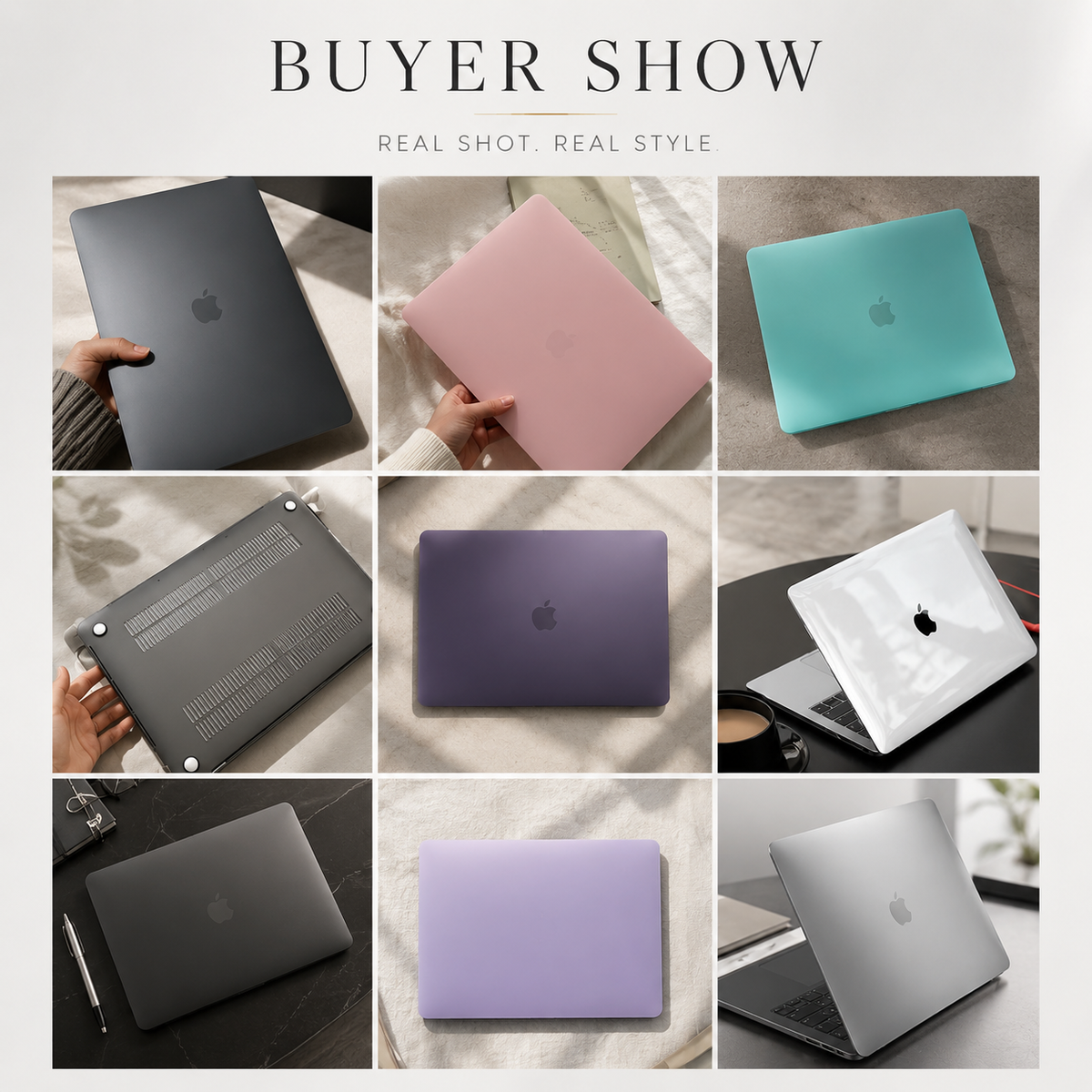 A nine-photo collage shows MacBook covers in dark gray, pink, turquoise, purple, clear, lavender, and silver, including a close-up of bottom ventilation slots.