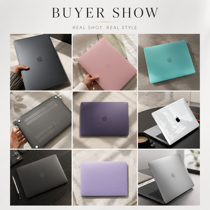 A nine-photo collage shows MacBook covers in dark gray, pink, turquoise, purple, clear, lavender, and silver, including a close-up of bottom ventilation slots.