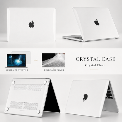 A collage shows a clear-covered MacBook closed, partly open, and tented to display its ventilated underside and round feet, with keyboard-cover and screen-protector graphics.