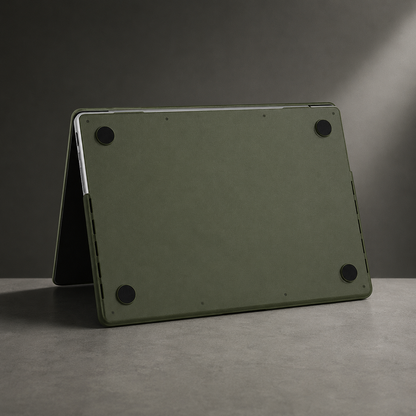 An olive green-covered MacBook stands partly open in a tent position, showing its underside with four round black corner feet and fitted edge clips.
