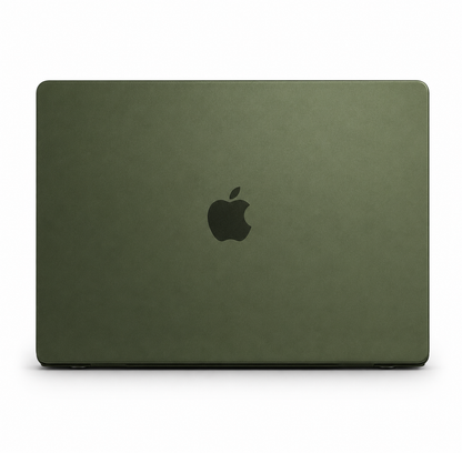 A closed MacBook is shown from behind in a matte olive green fitted cover, with a dark Apple logo centered on the lid.