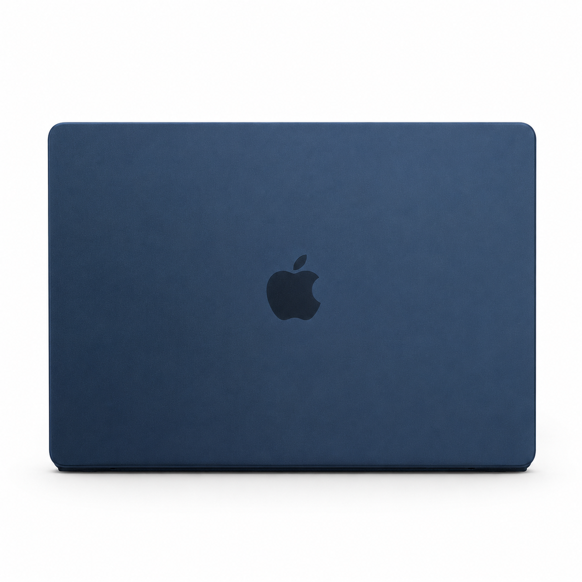 A closed MacBook is shown from behind in a matte navy blue fitted cover, with a dark Apple logo centered on the lid.