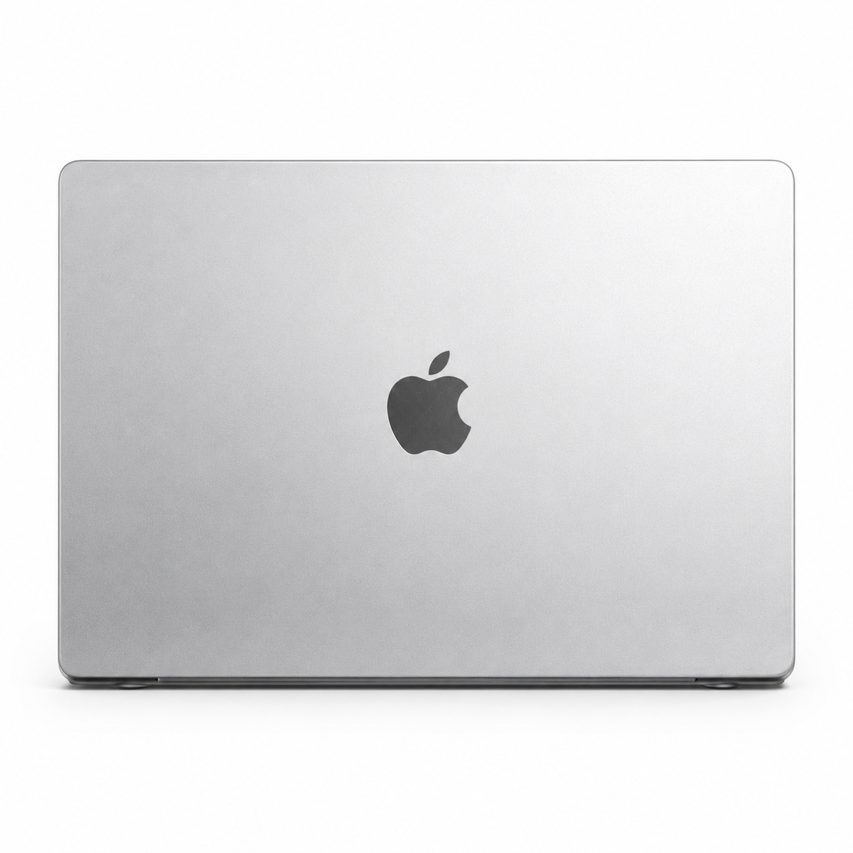 A closed MacBook is shown from behind in a pale silver or clear fitted cover, with a dark Apple logo centered on the lid.