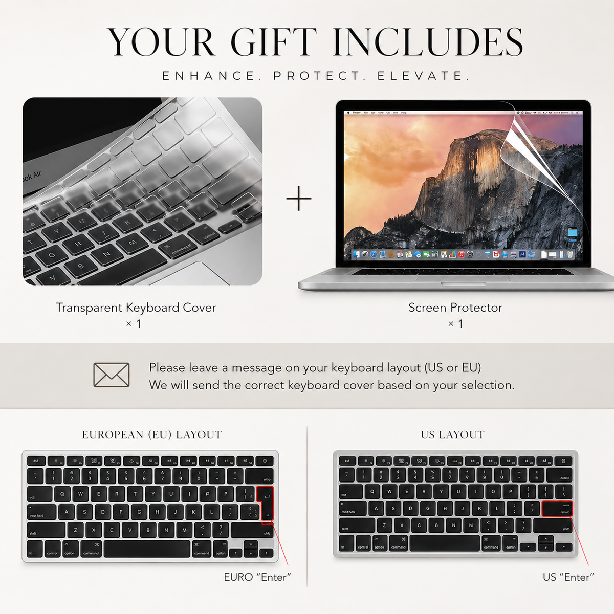 A graphic shows a transparent keyboard cover and screen protector advertised as included gifts. EU and US keyboard diagrams highlight different Enter-key shapes and request the buyer's keyboard layout.