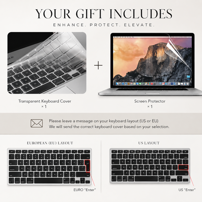A graphic shows a transparent keyboard cover and screen protector advertised as included gifts. EU and US keyboard diagrams highlight different Enter-key shapes and request the buyer's keyboard layout.