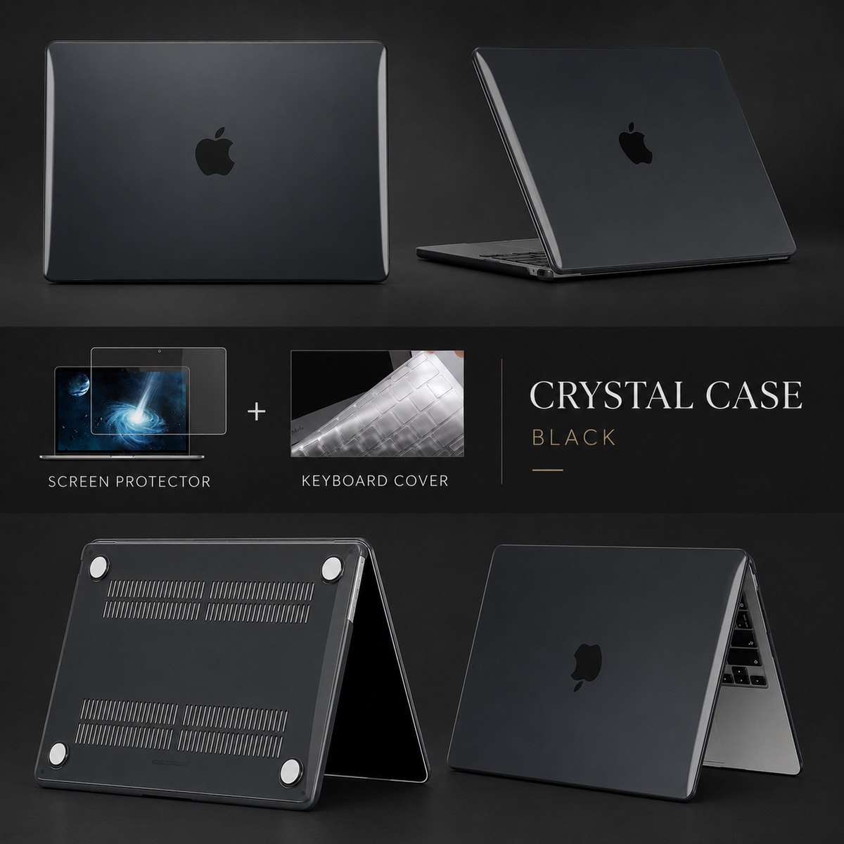 A collage shows a black-covered MacBook closed, partly open, and tented to reveal bottom ventilation slots and four feet, alongside a screen protector and keyboard cover.