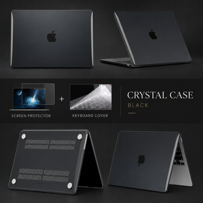 A collage shows a black-covered MacBook closed, partly open, and tented to reveal bottom ventilation slots and four feet, alongside a screen protector and keyboard cover.