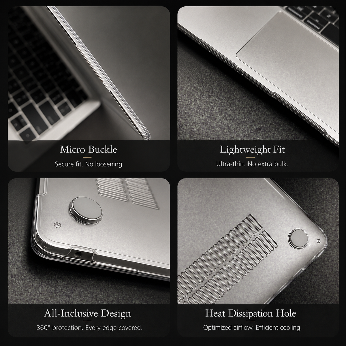 Four close-ups show a clear laptop case's small edge clips, thin fit around the palm-rest edge, rounded bottom corner and foot, and ventilation slots.