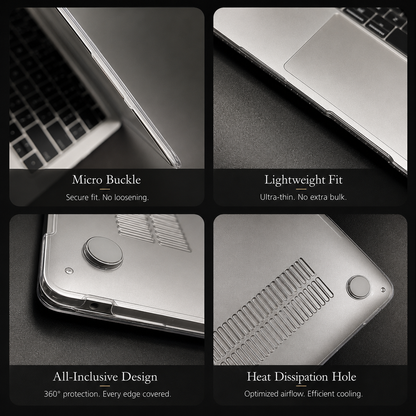 Four close-ups show a clear laptop case's small edge clips, thin fit around the palm-rest edge, rounded bottom corner and foot, and ventilation slots.