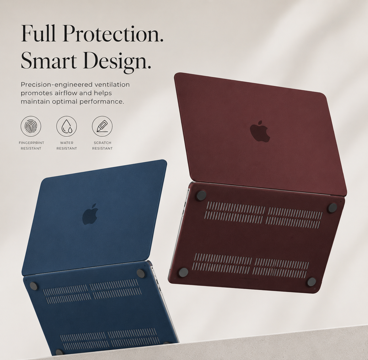 Blue and burgundy laptop lid and base covers appear separated, showing centered Apple logos, rows of ventilation slots, and four round corner feet. Text promotes protective features and airflow.