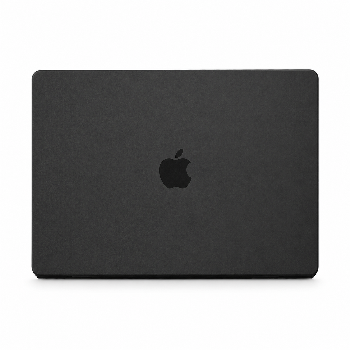 A closed MacBook is shown from behind in a matte charcoal black fitted cover, with a dark Apple logo centered on the lid.