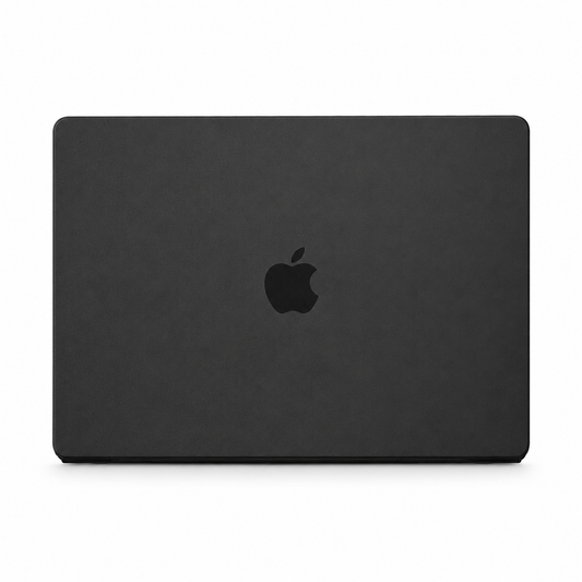 A closed MacBook is shown from behind in a matte charcoal black fitted cover, with a dark Apple logo centered on the lid.