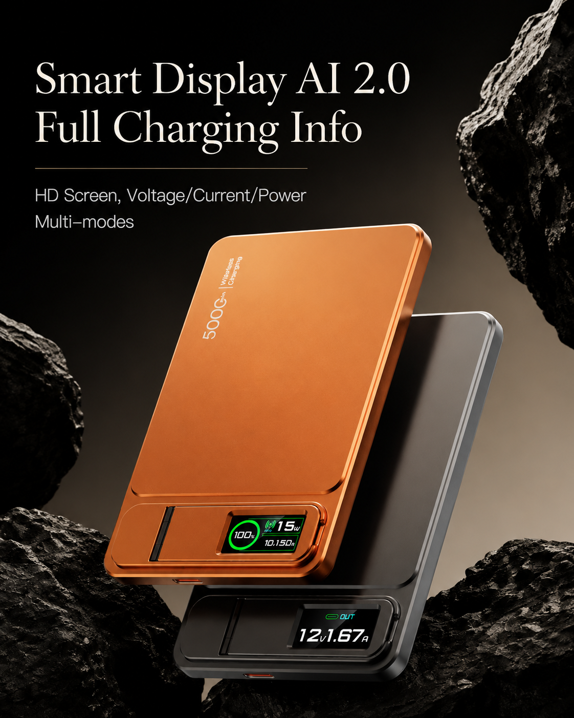 Orange and gray power banks float among dark rocks. Close-up digital displays accompany text advertising battery, voltage, current and power information.