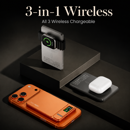 Three arrangements show a smartwatch on an upright power bank, earbuds on a flat gray one and an orange power bank attached to a phone. Text advertises 3-in-1 wireless charging.