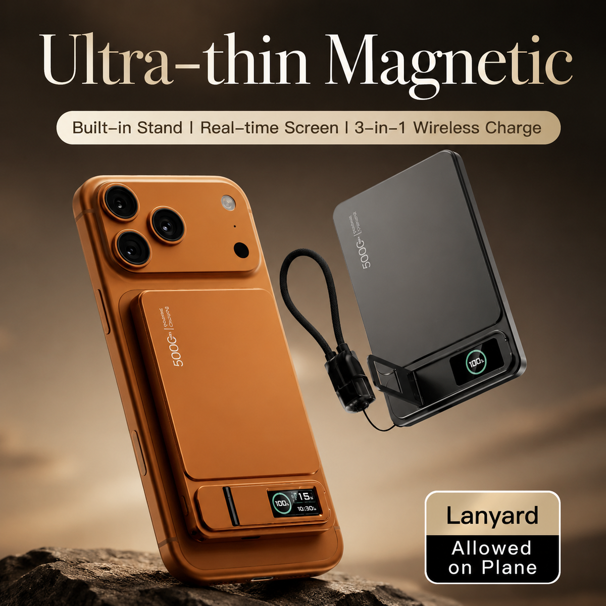 An orange phone with an attached power bank floats beside a gray power bank and looped cable at sunset. Labels highlight the stand, screen, wireless charging and claimed air-travel suitability.