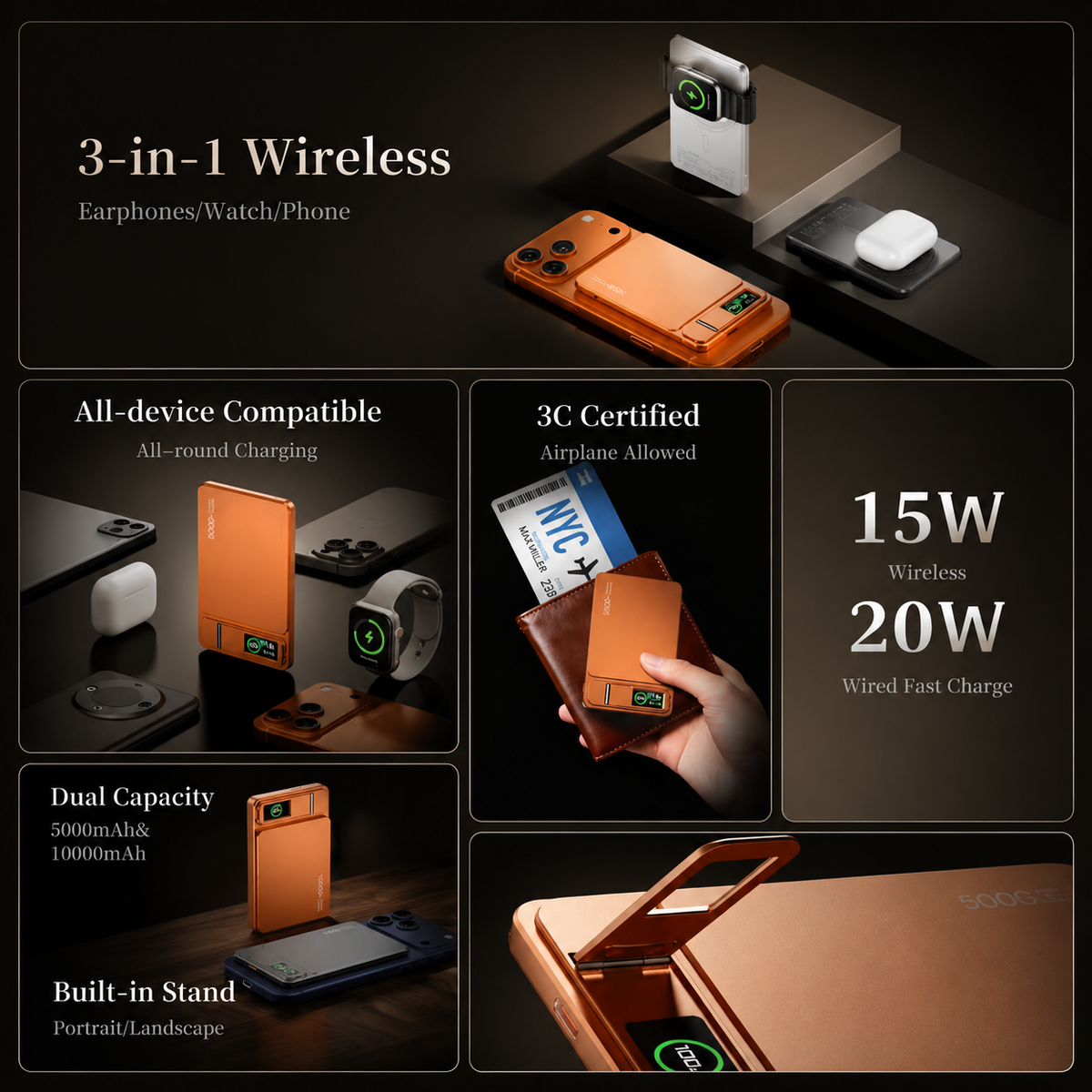A collage combines watch, phone and earbud charging, an airline boarding pass, capacity options and a fold-out stand. Labels advertise 15W wireless and 20W wired charging.