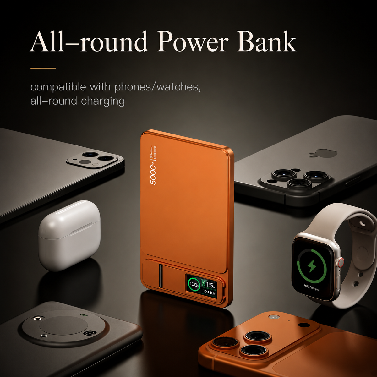 An orange power bank stands among phones, a white earbud case and a smartwatch with a green charging symbol. Text advertises compatibility with phones and watches.