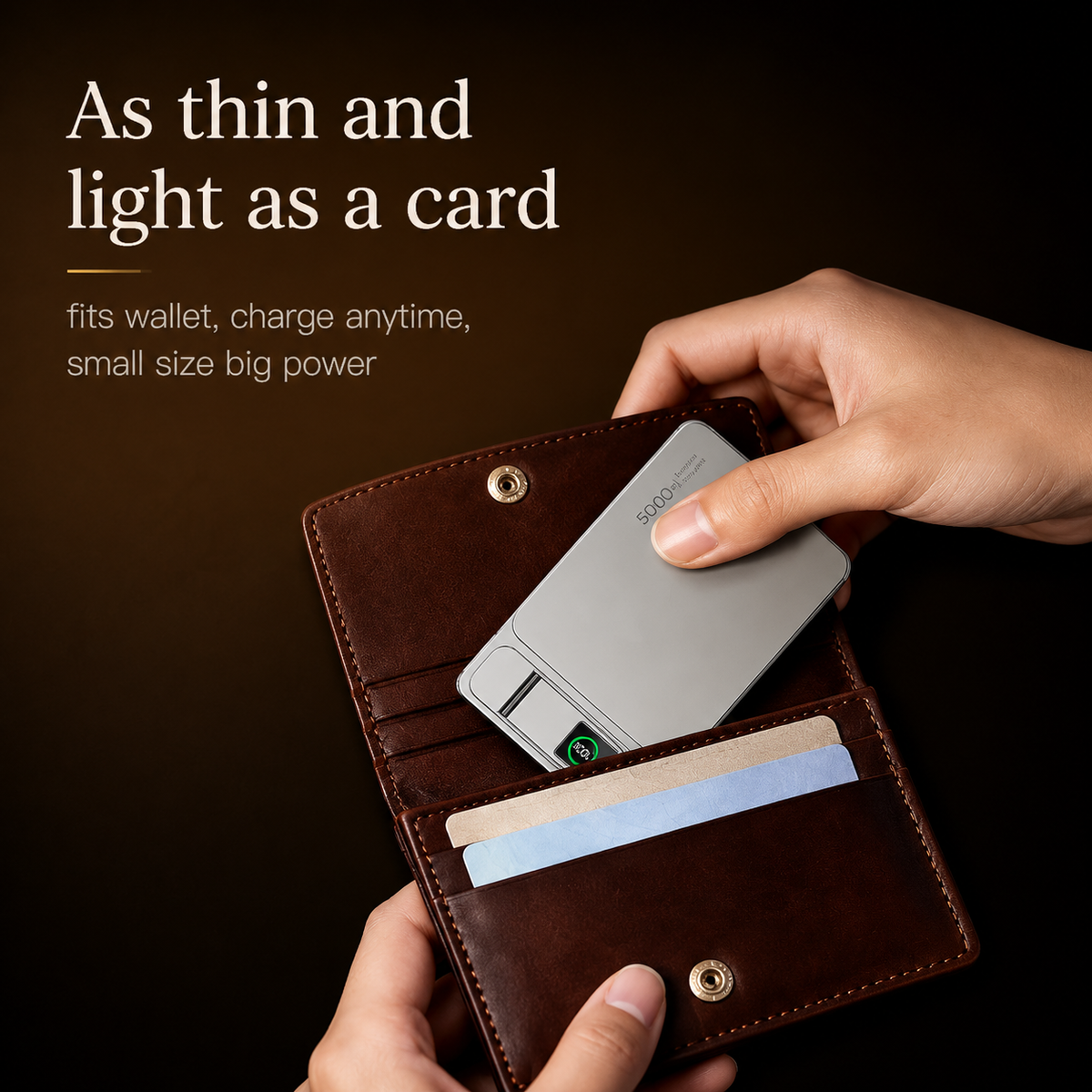 Hands slide a silver-colored power bank into an open brown wallet beside cards. The heading compares its thinness and weight to a card.