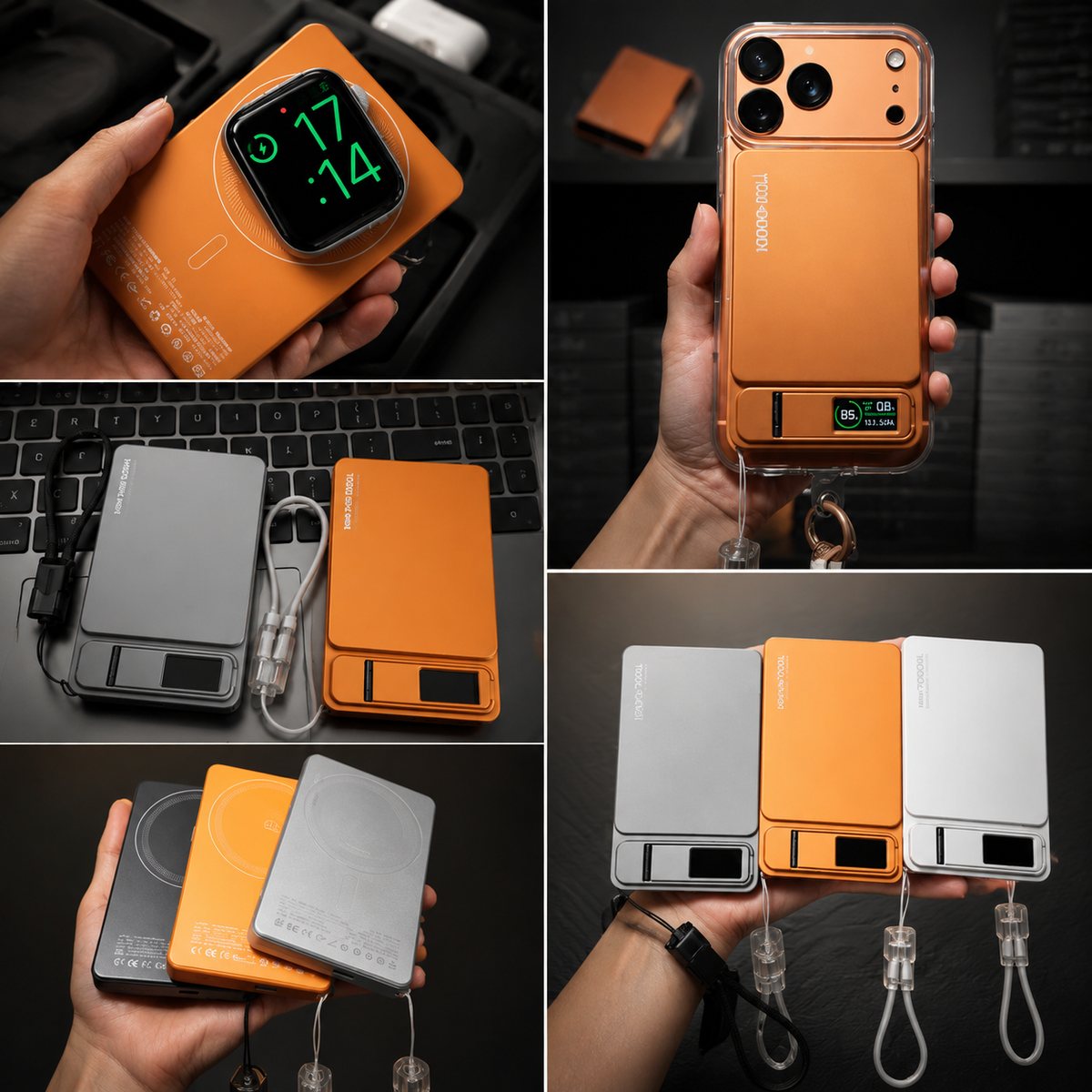 A photo collage shows the orange power bank charging a watch and attached to a phone, plus gray, orange and silver-colored models held in hands or arranged beside a laptop.