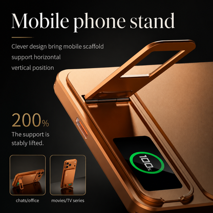 A close-up shows the orange power bank's rectangular stand hinged outward above its digital display. Small photos illustrate supporting a phone horizontally and vertically.