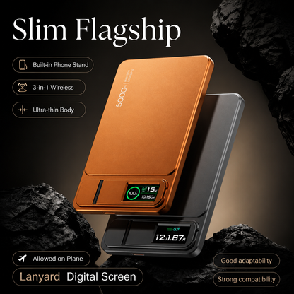 Orange and gray power banks float among dark rocks with their digital displays visible. Labels advertise a built-in stand, wireless charging, slim body and lanyard.
