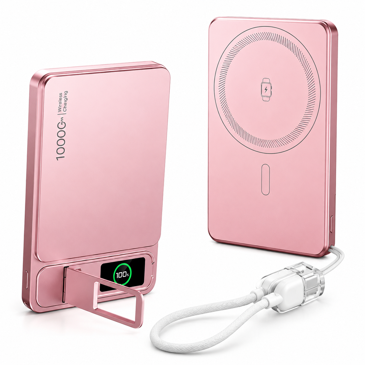 Two views show a rose-pink rectangular power bank with a fold-out stand, small digital display, circular charging surface and white looped cable.