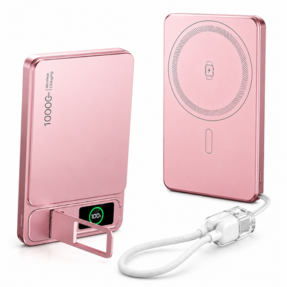 Two views show a rose-pink rectangular power bank with a fold-out stand, small digital display, circular charging surface and white looped cable.