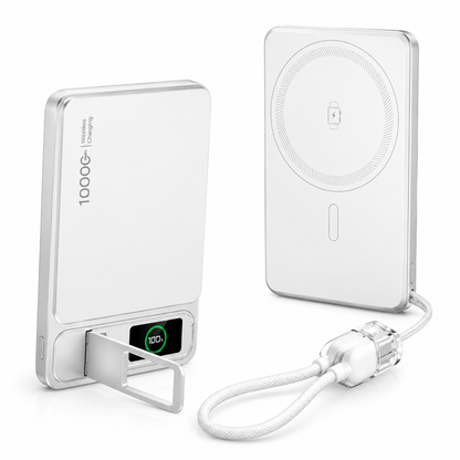 Two views show a silver-colored rectangular power bank with a fold-out stand, small digital display, circular charging surface and white looped cable.
