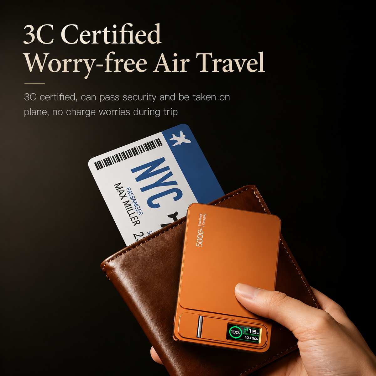 A hand holds an orange power bank against a brown wallet and airline boarding pass. Text advertises 3C certification and suitability for air travel.